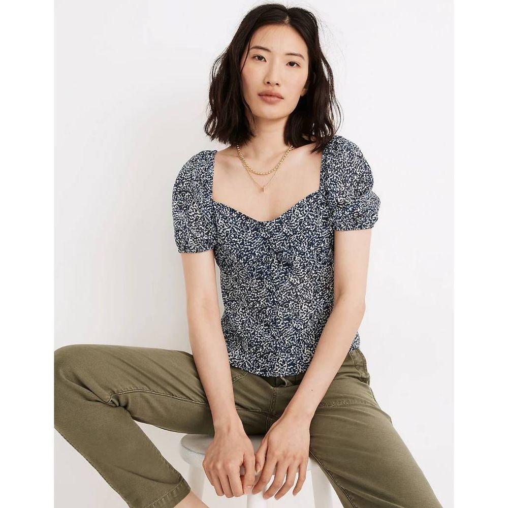 Madewell Navy Floral Puff-Sleeve Square-Neck Blouse